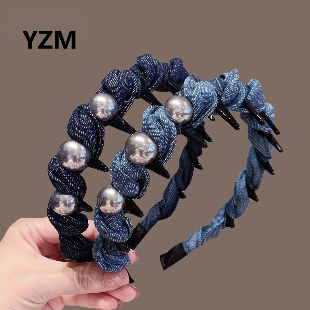 俞之美YZM韩系原创设计牛仔发箍珍珠压发卡碎发卡增高颅顶头箍女