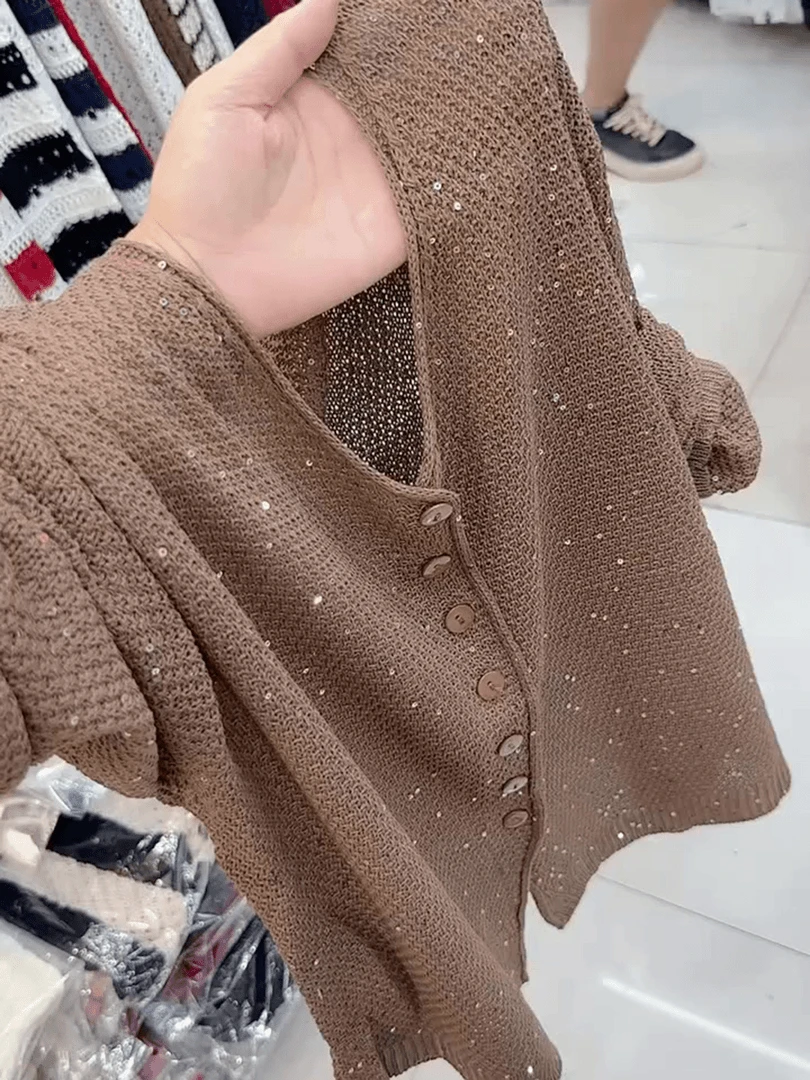 别致简约优雅咖色v领纽扣长袖针织开衫女秋季款休闲百搭宽松上衣