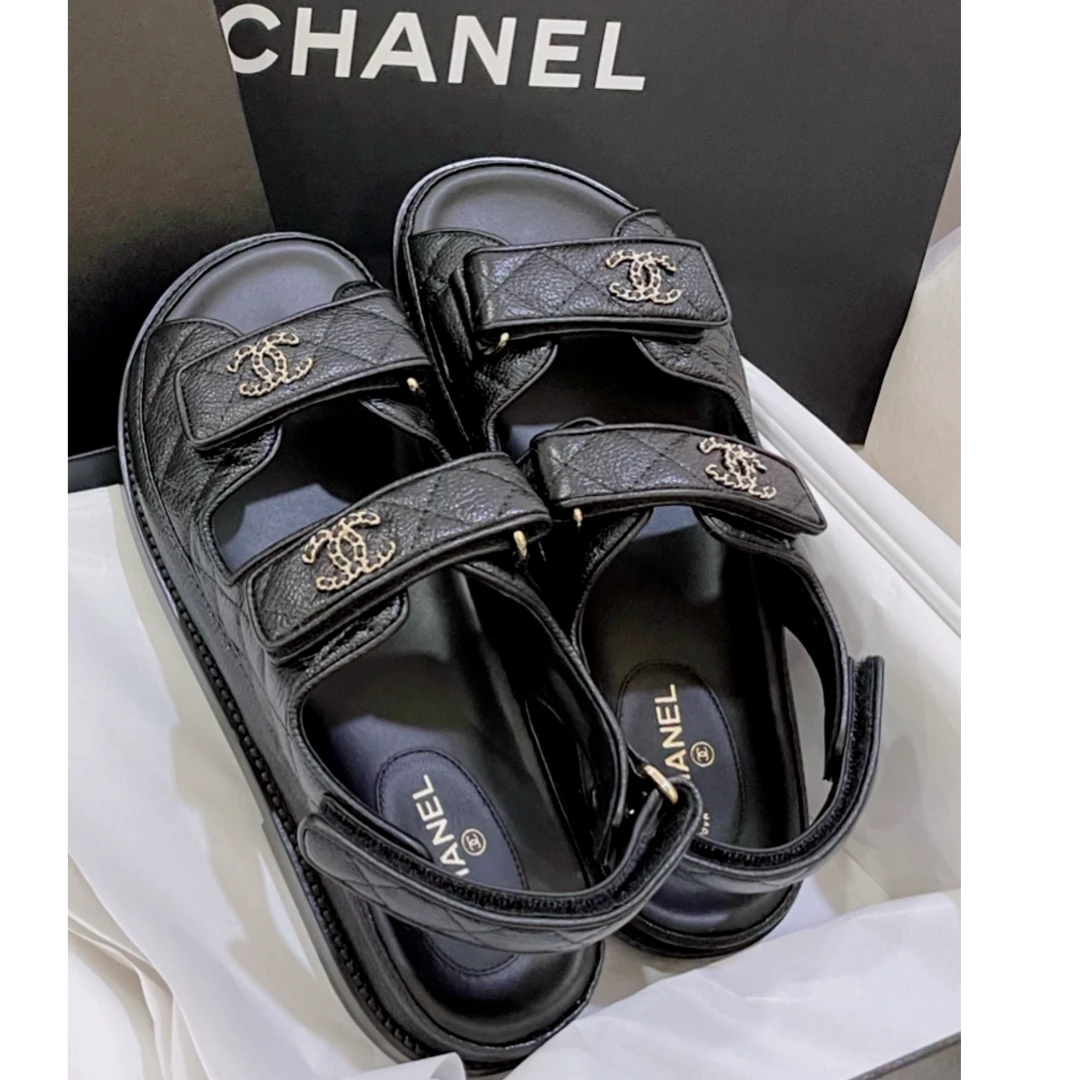 未使用 Chanel/香奈儿 汤/TP013093/菱格皮穿链魔术贴凉鞋