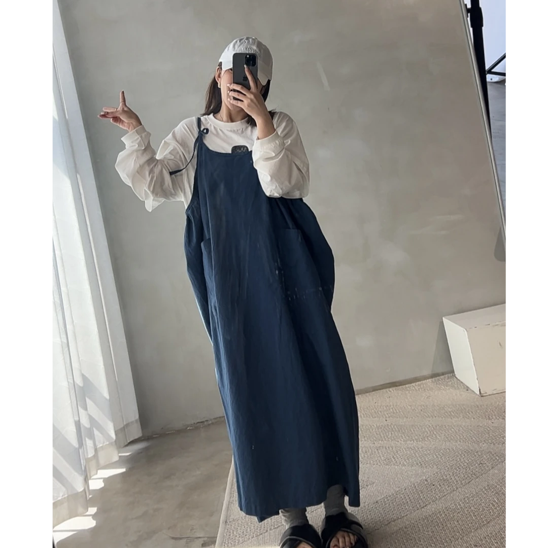 韩国新款系扣吊带长裙