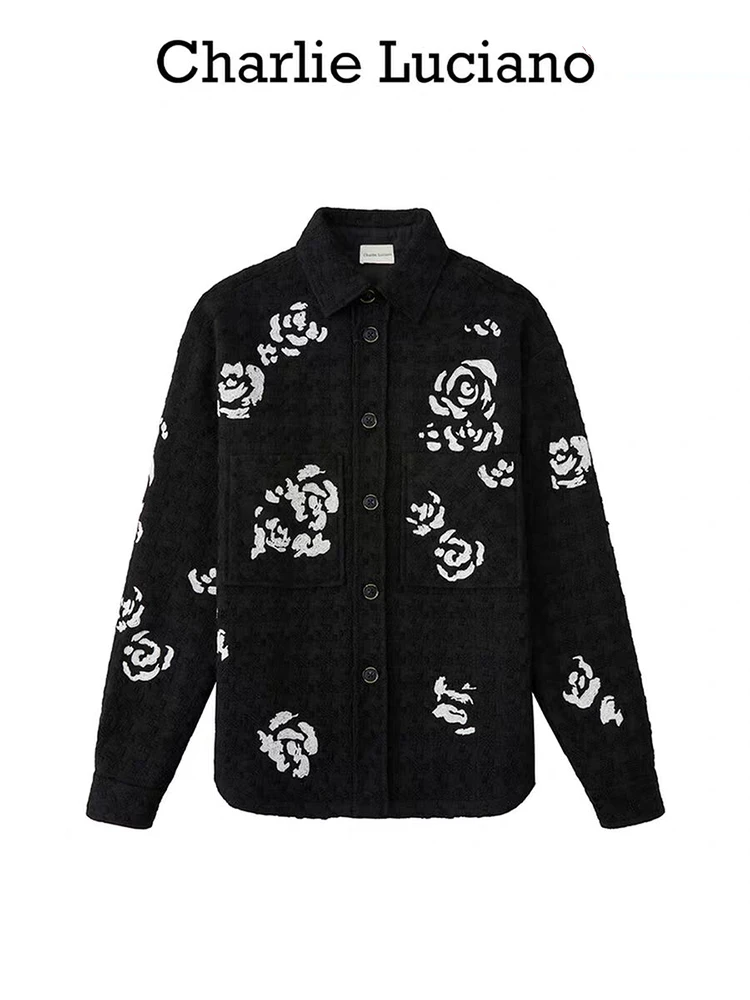 Charlie Luciano花图案刺绣粗花呢衬衫春季情侣潮牌上衣外套