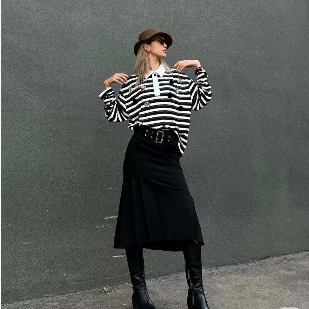 多多家-春夏黑色半裙--配可拆卸腰带Q012