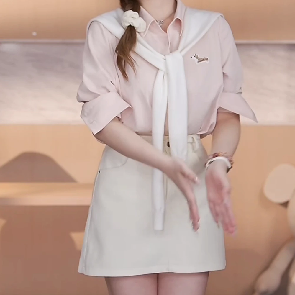 【浅春韩女】敲有韩感的百搭正肩刺绣衬衫高腰显瘦半裙套装两件套