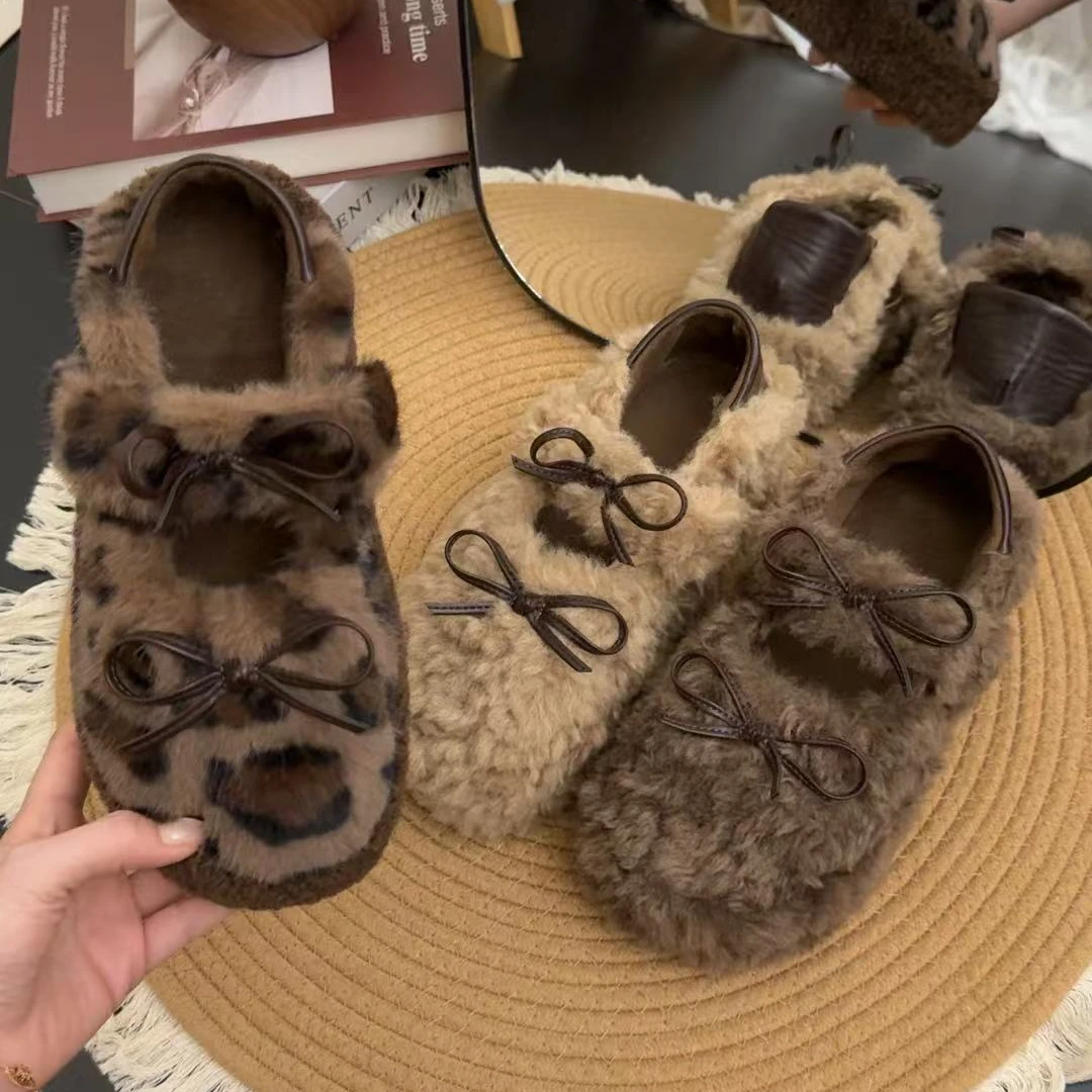蝴蝶结设计甜美时尚百搭2025秋冬新款厚底防滑加厚外穿女毛毛鞋