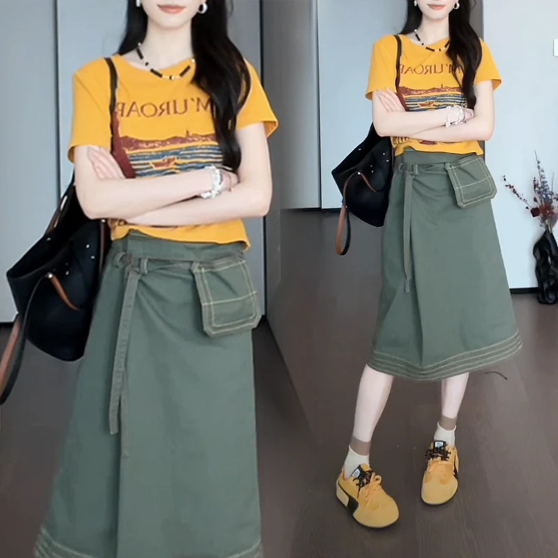 休闲街头风时尚套装女士2025夏季新款字母印花上衣半身裙两件套女