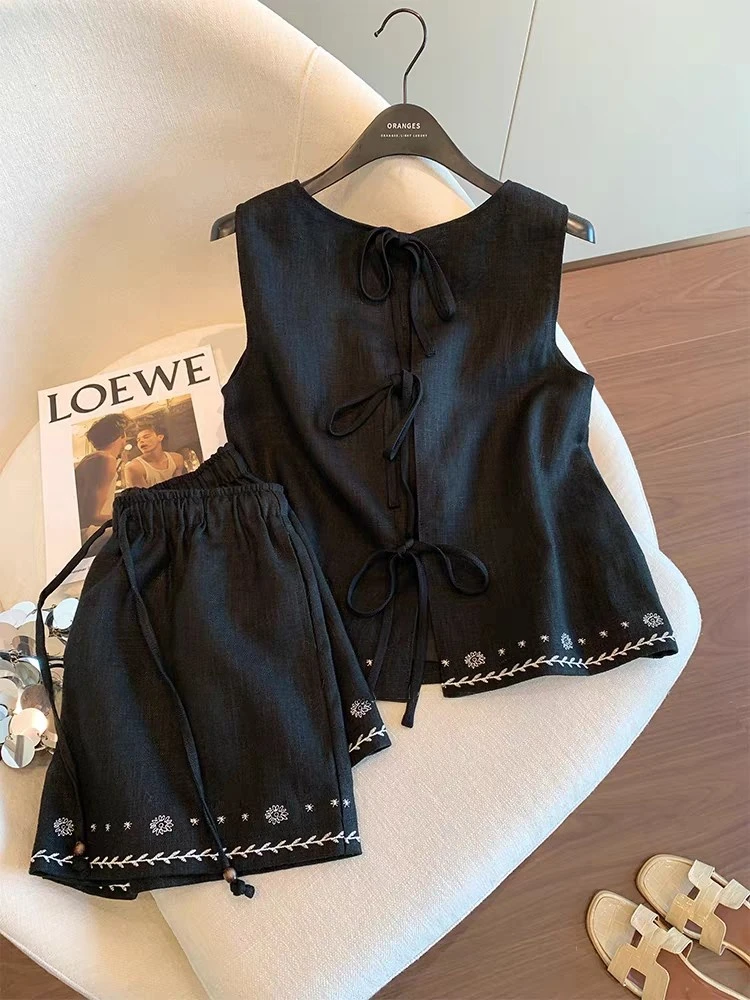 民族风撞色刺绣亚麻背心套装女2025年夏季新款时尚简约短裤两件套