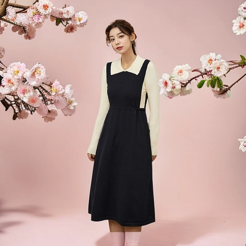 【茵曼女装】茵曼女装新款花式纱拉链翻领套头毛织连衣裙