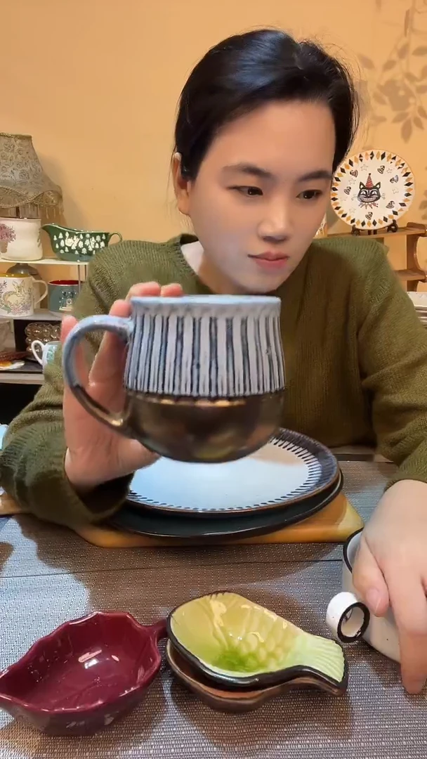 瓷片复古条纹杯子 微瑕介意勿拍