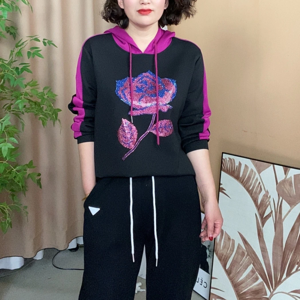 春秋连帽烫钻长袖时尚休闲连帽百搭宽松卫衣0115