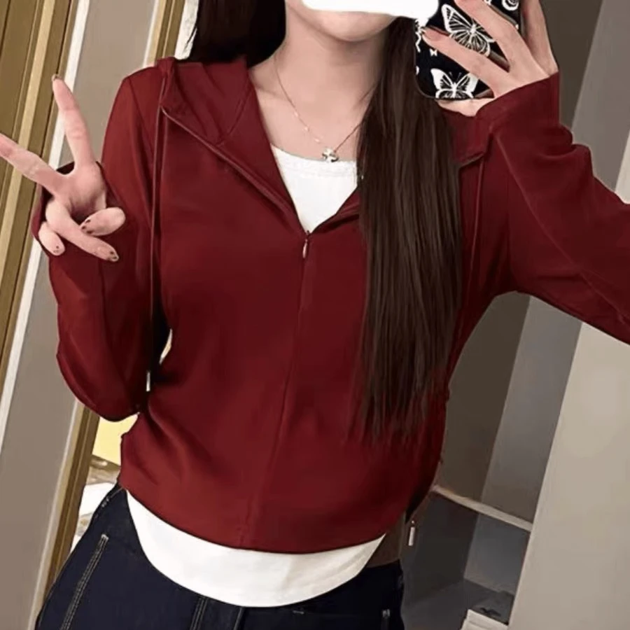 6228休闲假两件连帽套头上衣女早春新款叠穿百搭显瘦帽衫收腰卫衣