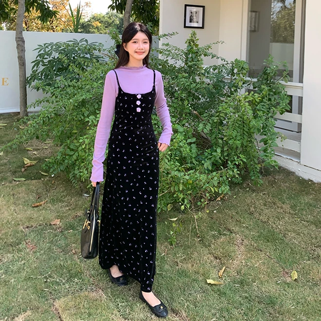 【小呆鸟专享】 CROWCAIM 花边打底丝绒吊带裙两件套 CC25009