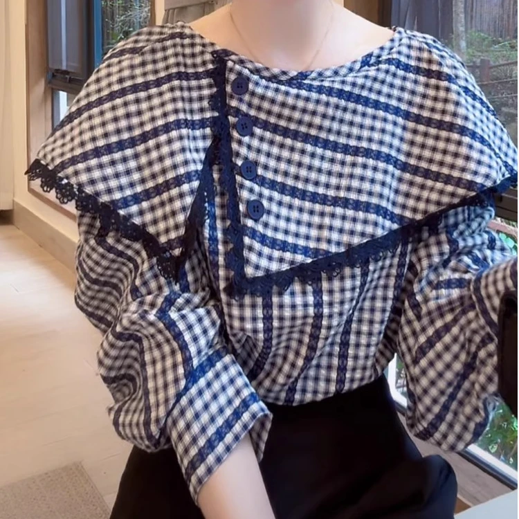 韩系洋气设计感格纹大翻领长袖衬衫女25春季新款气质减龄衬衣上衣