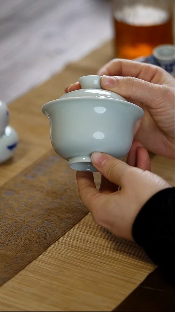 瓷景德镇纯手工素胎元宝盖碗