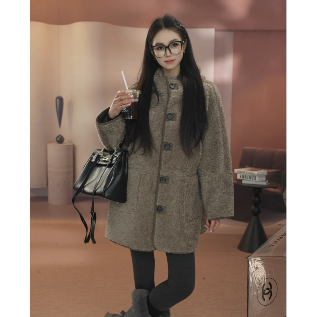 01{布朗熊}中长款全羊毛女秋冬连帽两面穿韩版超好看外套加厚冬季