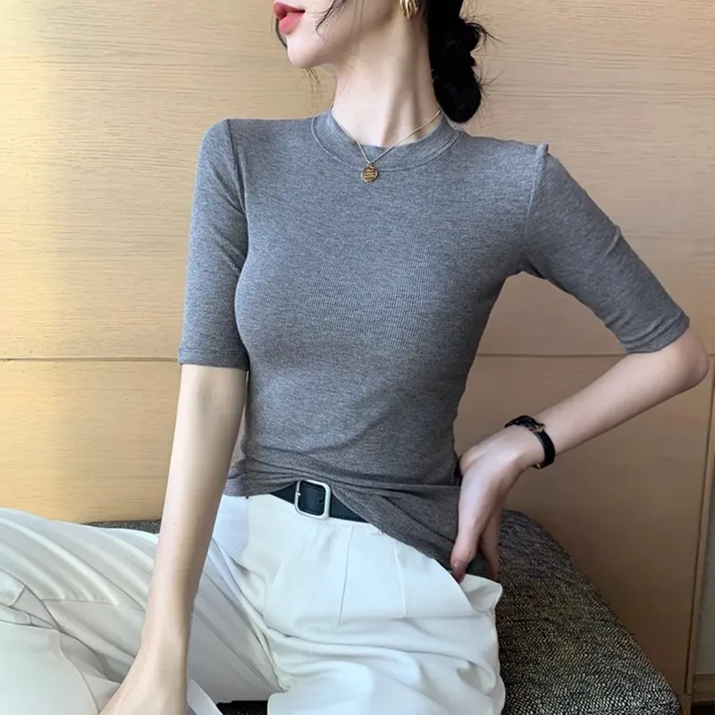 【TF4103】春秋季修身显瘦黑色中袖打底衫简约百搭五分袖T恤上衣女