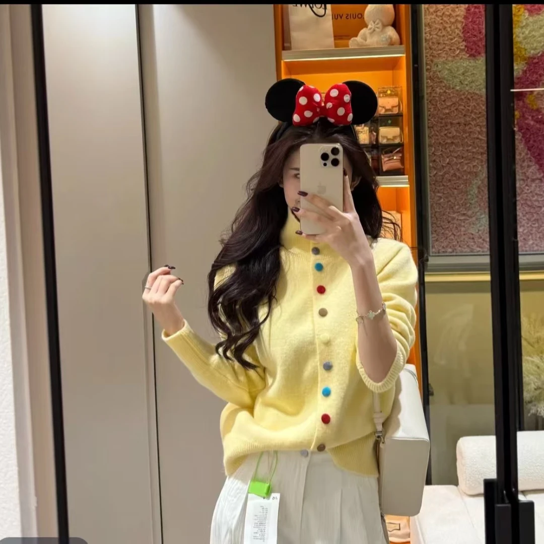 2025彩虹扣韩系慵懒风高领毛衣春季新款外穿宽松显瘦针织开衫