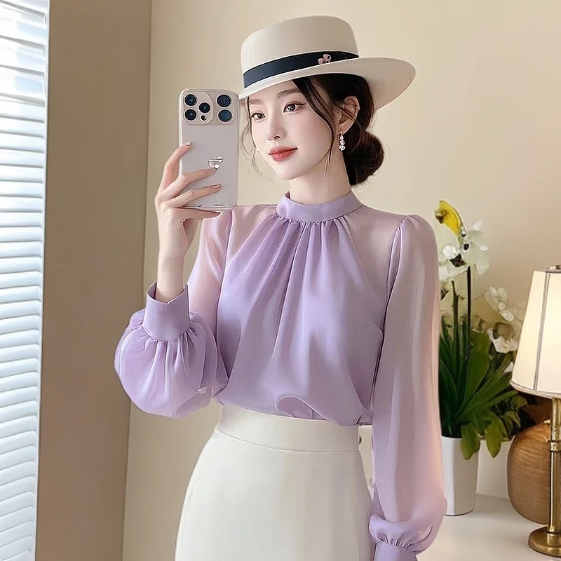 早秋新款韩系chic别致气质通勤雪纺女高级感紫色防晒长袖衬衫休闲