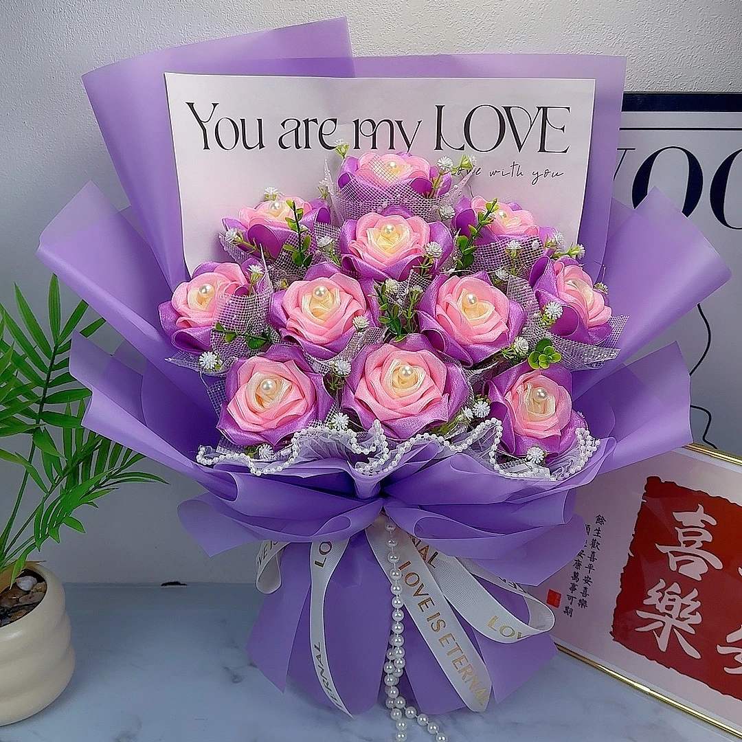 优优手工成品花束玫瑰永生花花束丝带花