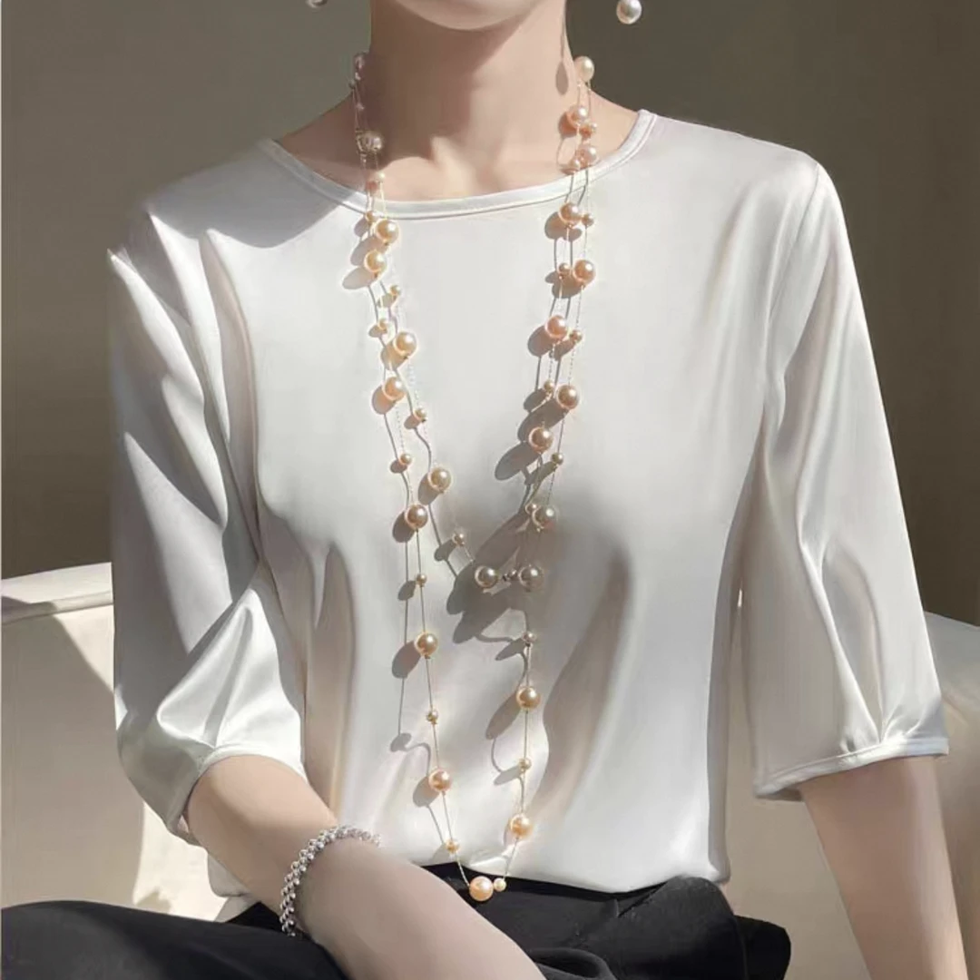 无印心匠纯色~ 缎面 光泽感&中袖 宽松T恤女夏季 A06725