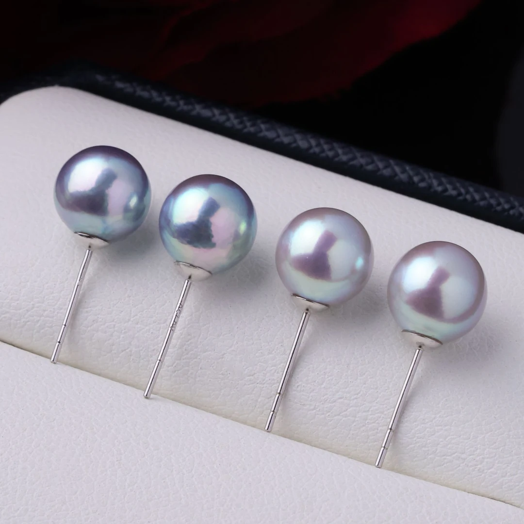 海水真多麻珍珠耳钉18k金银蓝灰7.5-8mm小灯泡珍珠耳女多样性发一