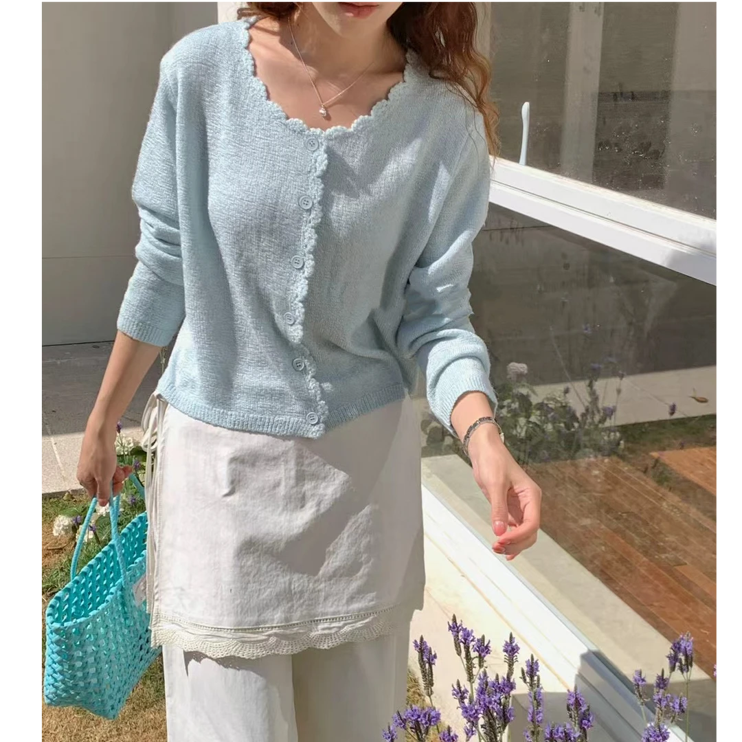 新款韩范2025早春花边简约气质宽松百搭小个子针织开衫薄款