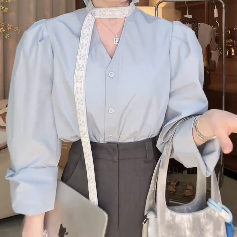 2025春季新品蓝色泡泡袖衬衫女法式小众百搭时尚气质
