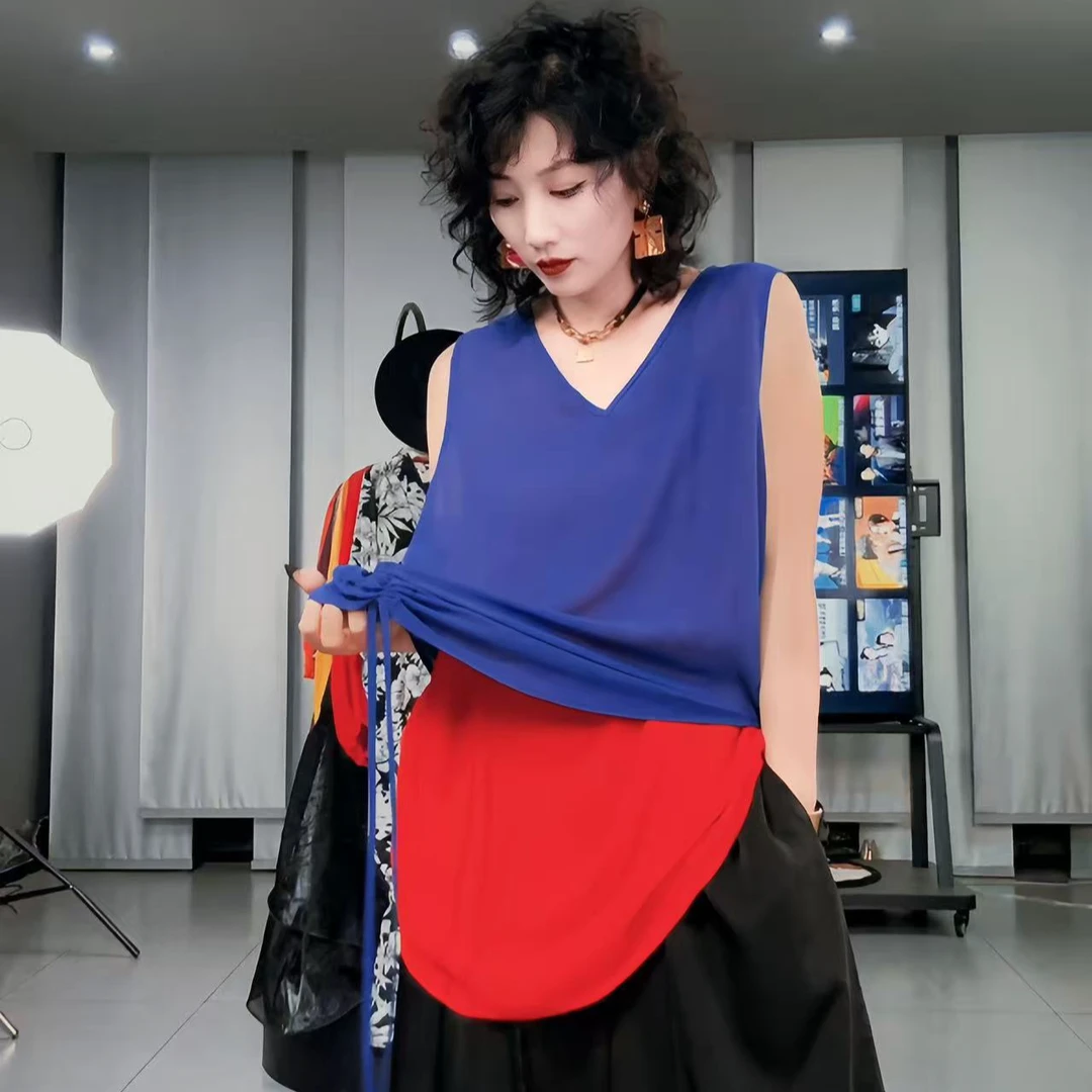 2025小众设计双层拼色无袖抽褶背心女时尚宽松百搭轻薄透气上衣