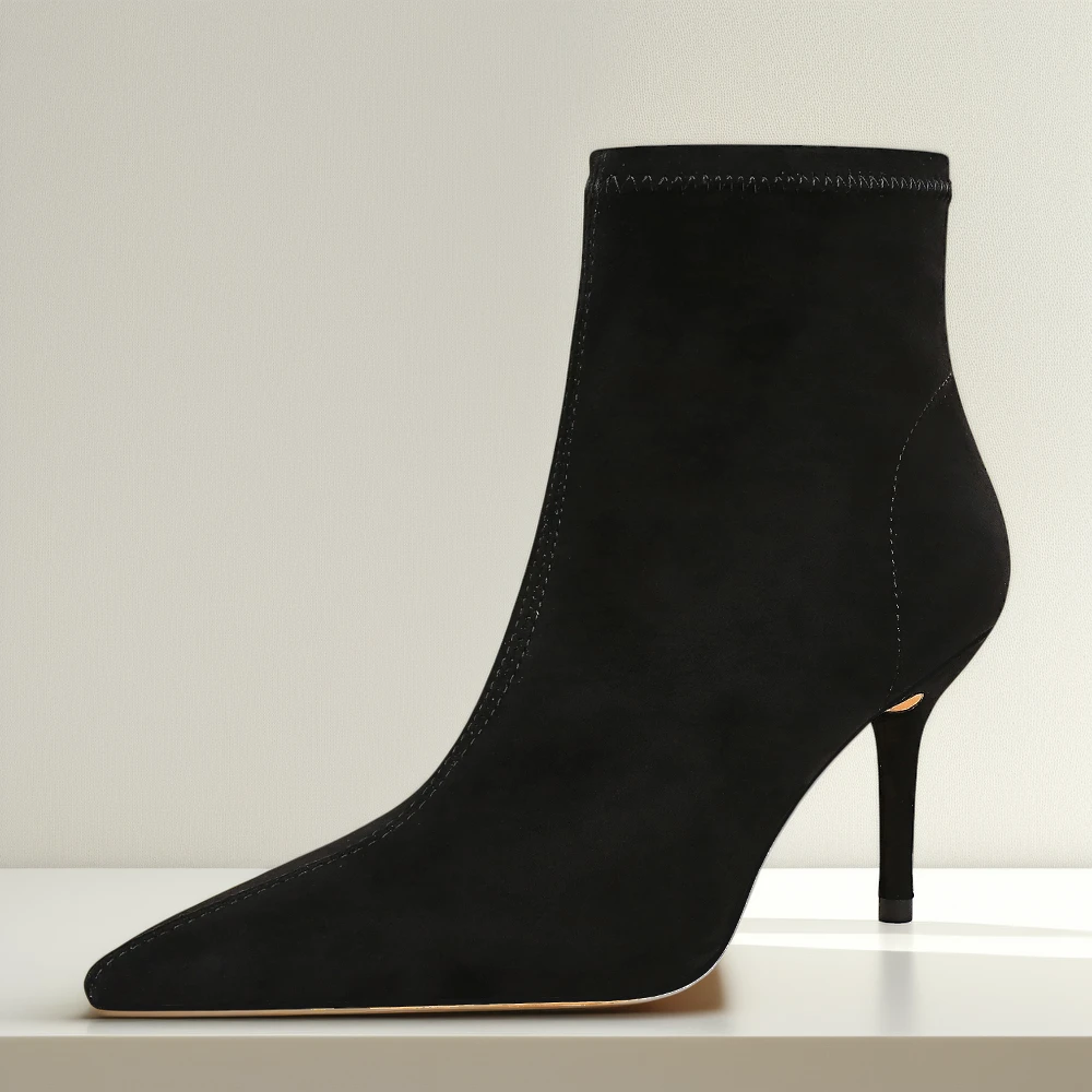 尖头高跟短靴2025秋冬时尚新款绒面靴子拉链百搭性感细跟弹力瘦靴