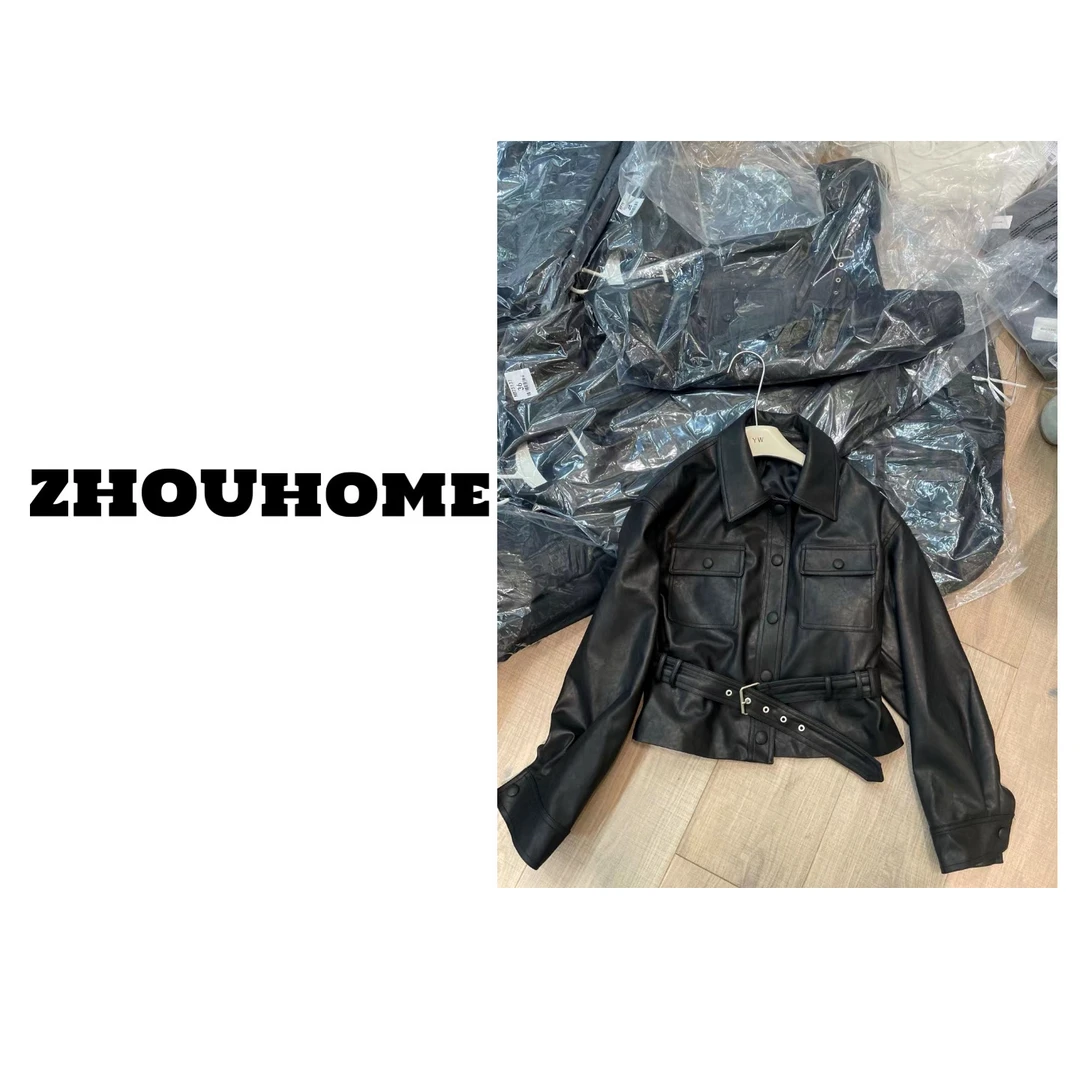 【周周服饰】欧货绵羊皮翻领系带短款皮衣外套女春季新款