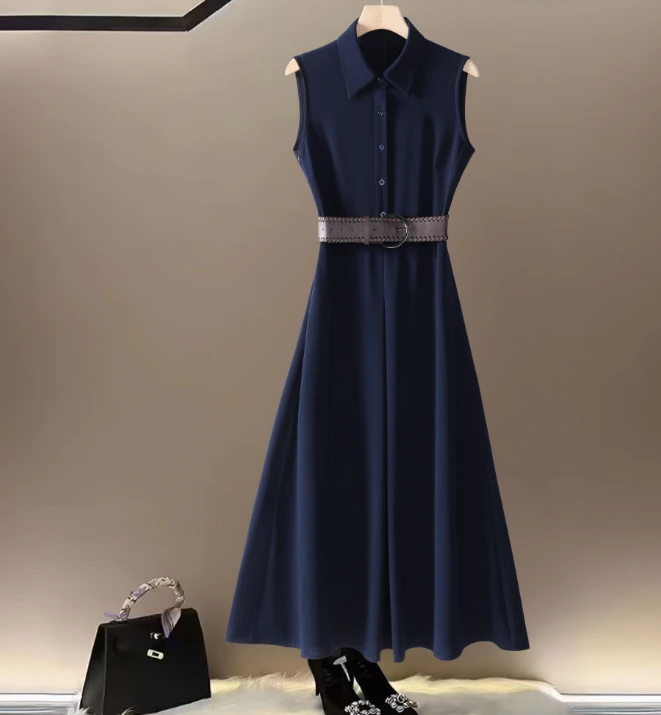 【纪朵研】866#夏季无袖衬衫领连衣裙优雅时尚气质收腰显瘦女士