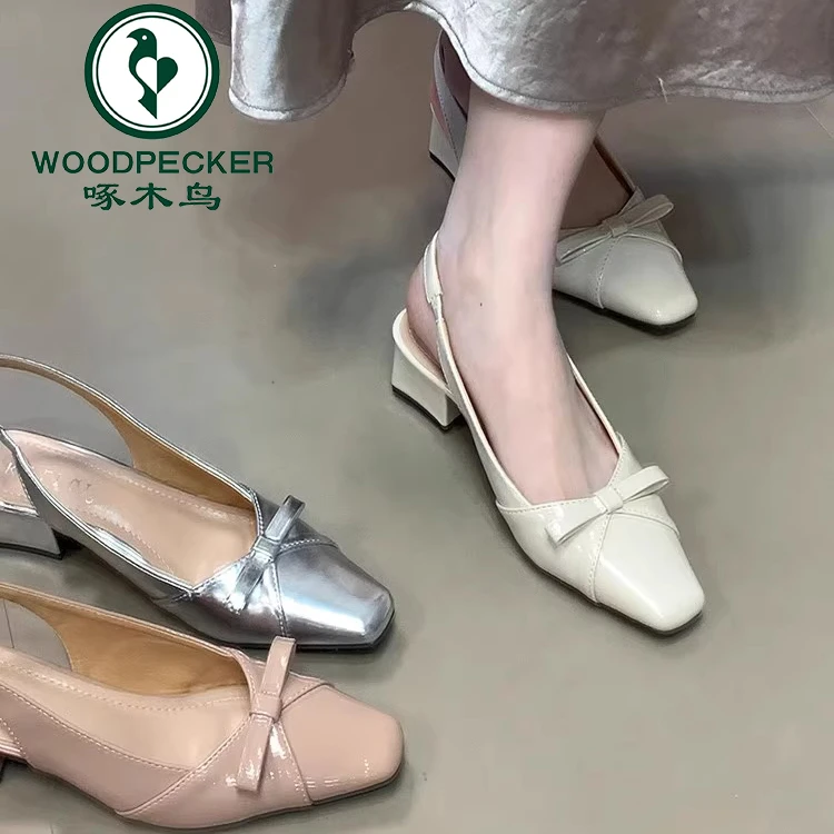 啄木鸟绝美法式气质方头蝴蝶结粗跟凉鞋女2025春夏包头配裙子单鞋