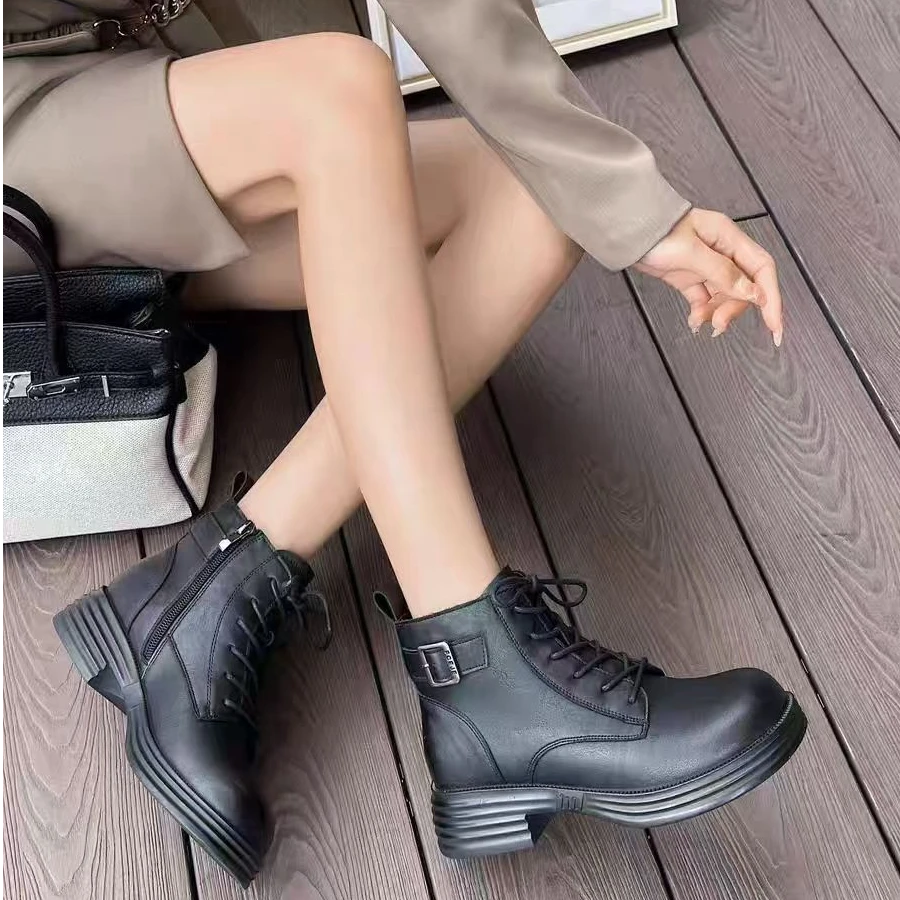 156-2S 新款时尚百搭圆头系带休闲厚底系带马丁靴加绒