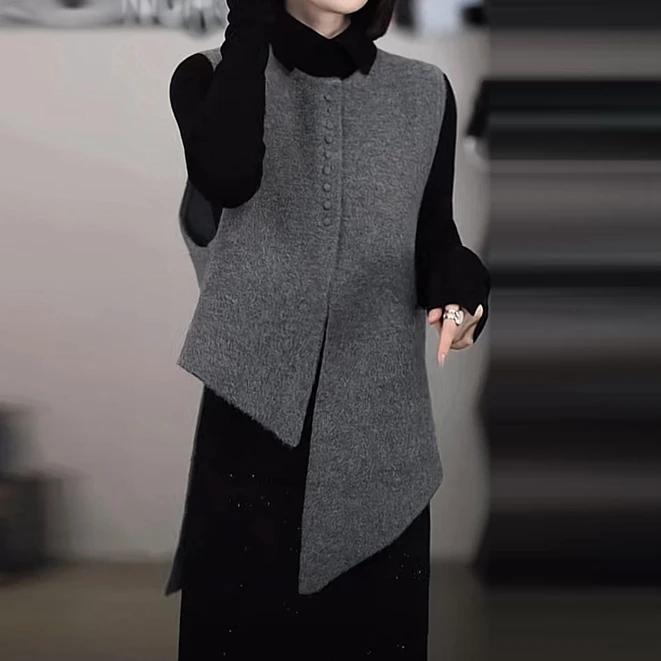 韩系百搭纯色上衣不规则针织马甲套装女2025秋季新款宽松显瘦上衣