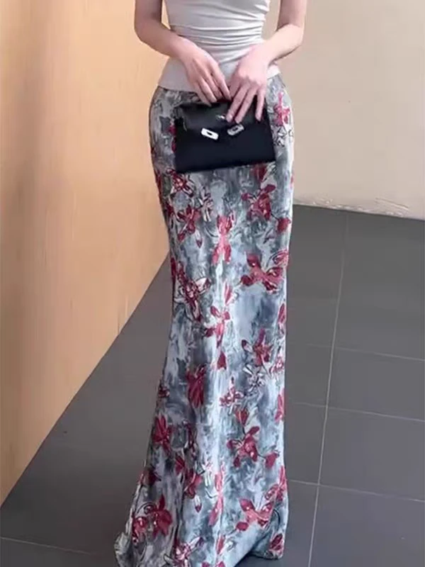 82263复古风红色印花修身半身裙