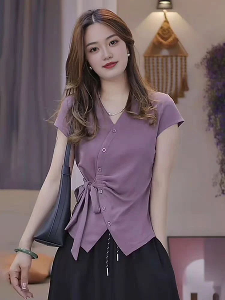 法式设计感显瘦收腰上衣女百搭时尚T恤2025夏季新款褶皱绑带小衫