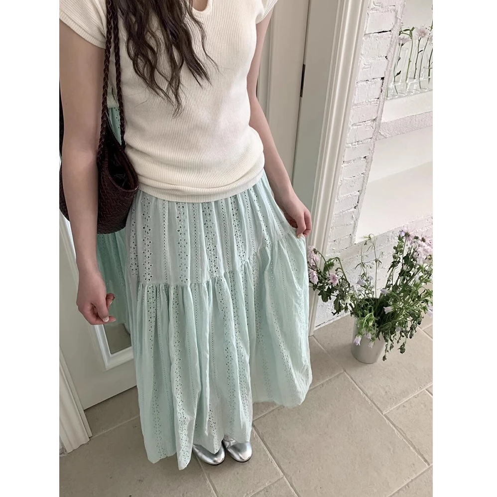 镂空薄荷绿蛋糕裙松紧腰高腰韩系赫本风半身裙新款到脚踝长裙伞裙