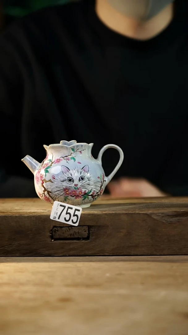 瓷片设计师手作！！！落单设计师系列！！！！桃花猫咪茶壶