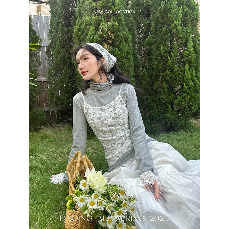 许大晴【陌上花】复古堆堆领蕾丝花边长袖修身T恤D2786