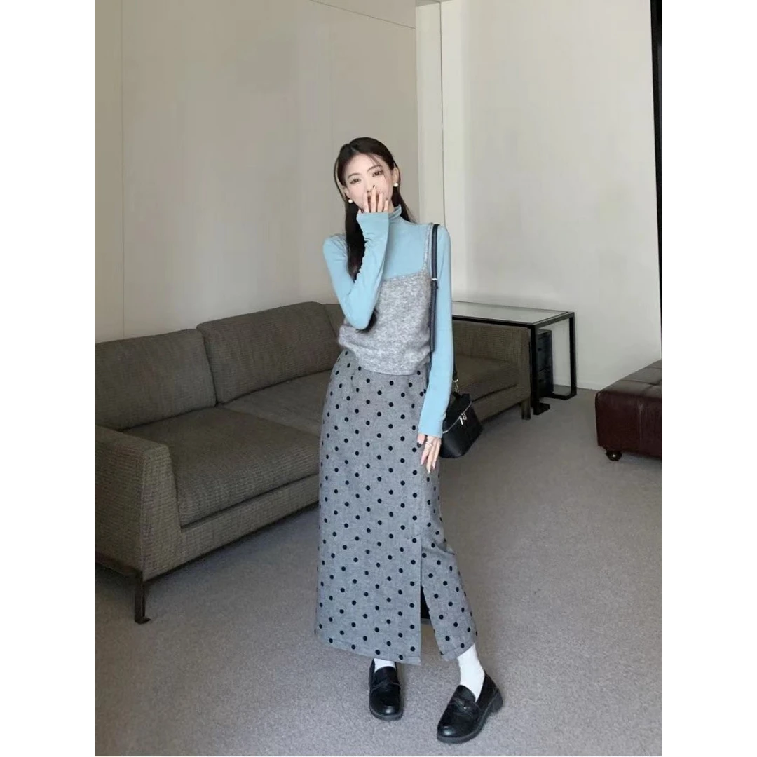 2025韩系气质时尚套装轻奢秋季新爆款打底背心波点半身裙三件套女