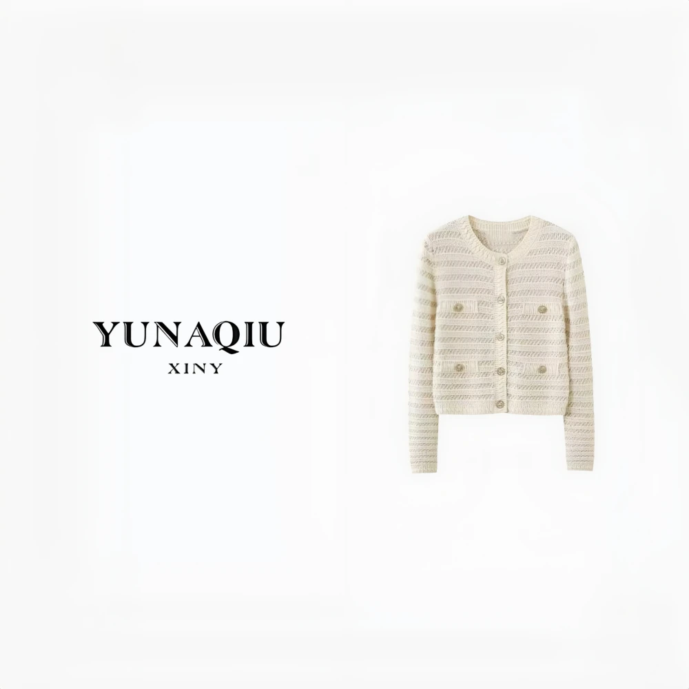 YUNAQIU-小香风气质米白色针织短款时尚秋季开衫-9862