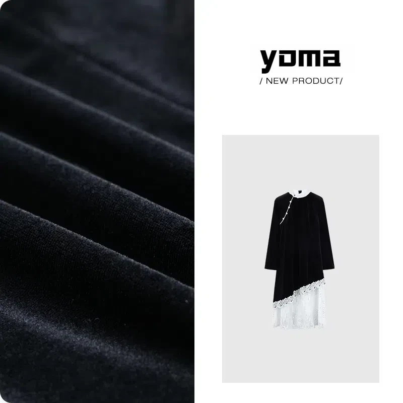 复古新中式丝绒连衣裙女2025春季新款拼接假两件旗袍长裙新年战袍