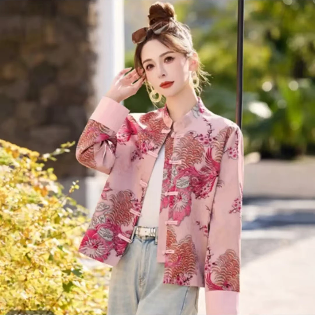 新中式国风提花外套女短款2025春季新款洋气减龄复古盘扣唐装上衣
