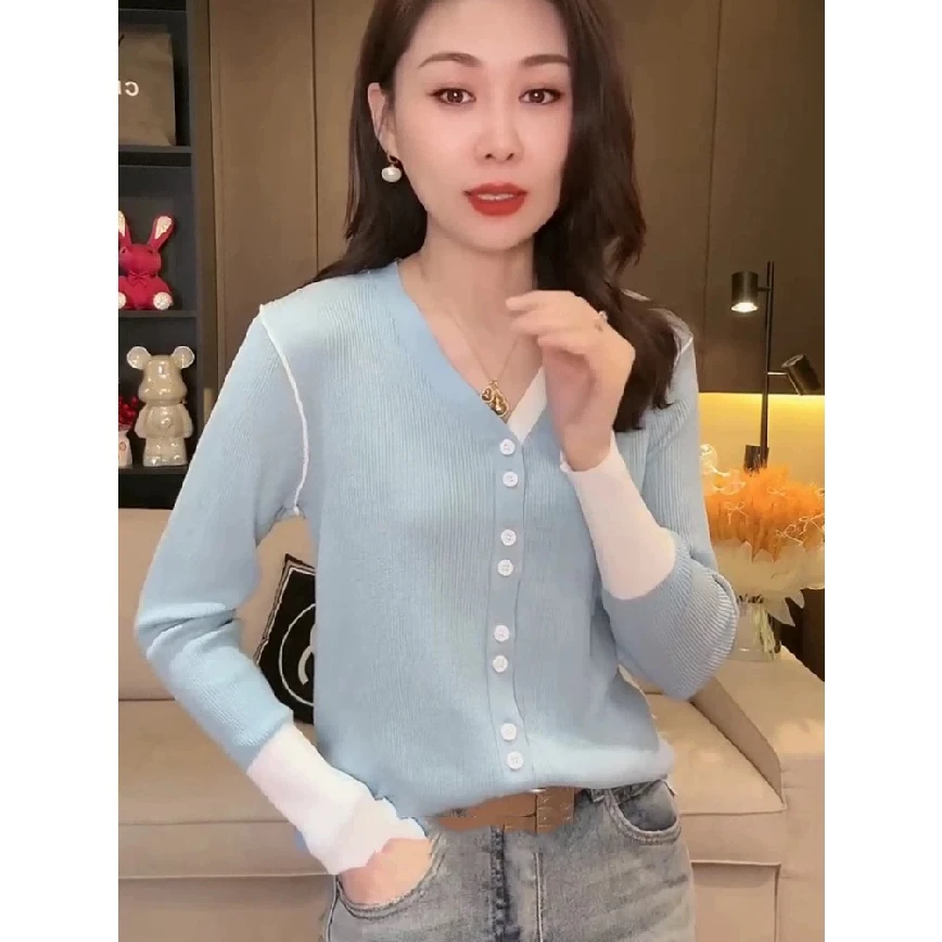 5157春装假两件拼色长袖针织打底衫女洋气时尚百搭减龄显瘦上衣