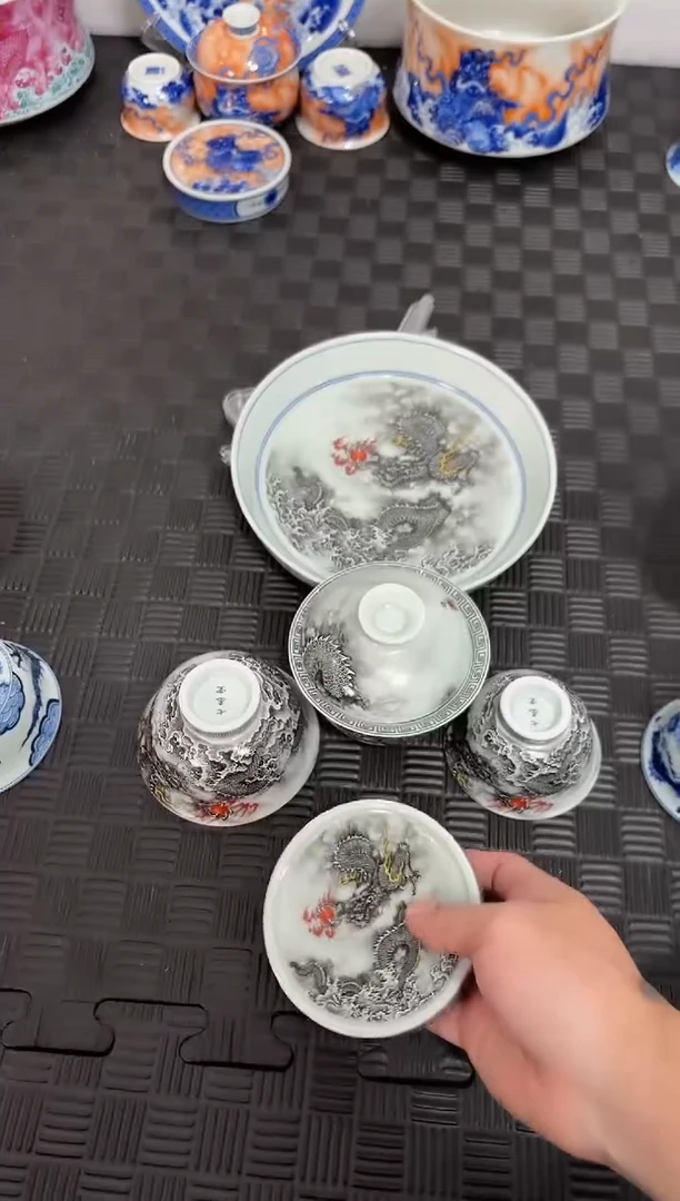盖碗瓷柘****）景德镇陶瓷茶具墨龙游海套组