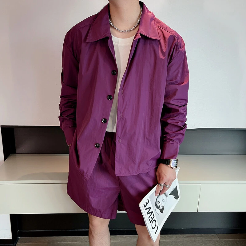 夏季必备休闲户外防晒衣衬衫套装男长袖痞帅薄款外套短裤两件套潮