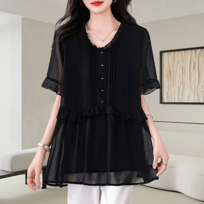 木耳边V领短袖雪纺衫女2025夏季新款洋气减龄宽松遮肚子显瘦上衣