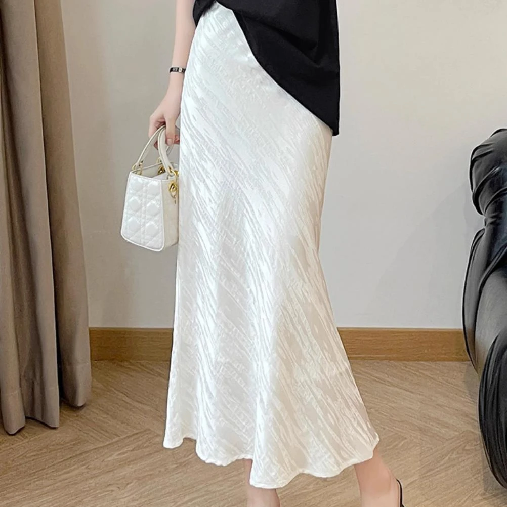 高腰显瘦气质时尚不透白色鱼尾醋酸缎面中长款百搭半身裙女夏