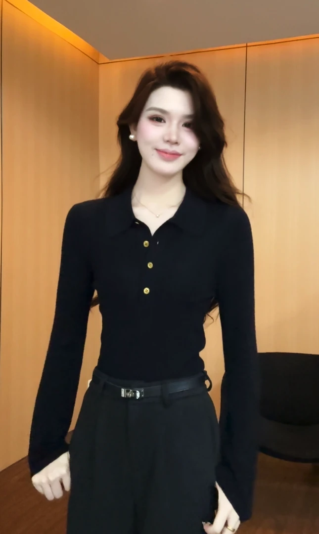 【春花秋月】高级感时尚气质百搭长袖polo领针织上衣ZKK000060款