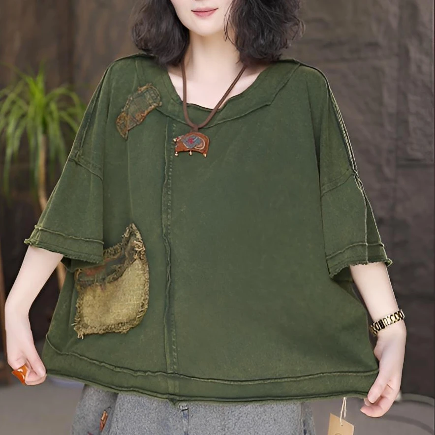 夏季新款复古砂洗做旧炒色刺绣贴布口袋短袖上衣宽松大码T恤女