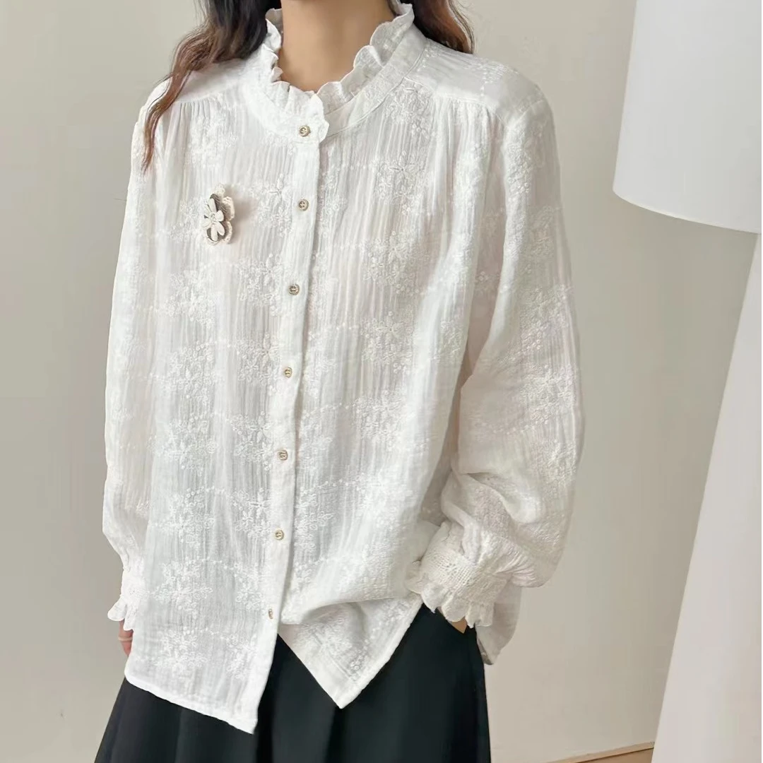 文艺复古小清新新款双纱棉满身刺绣花边领长袖衬衫女
